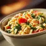 Close-up of a turkey orzo dinner with bright lighting and clean background