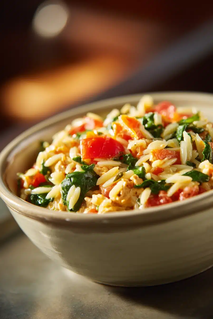 Close-up of a turkey orzo dinner with bright lighting and clean background