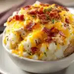 Close-up of a twice baked chicken potato casserole with golden cheese and herbs