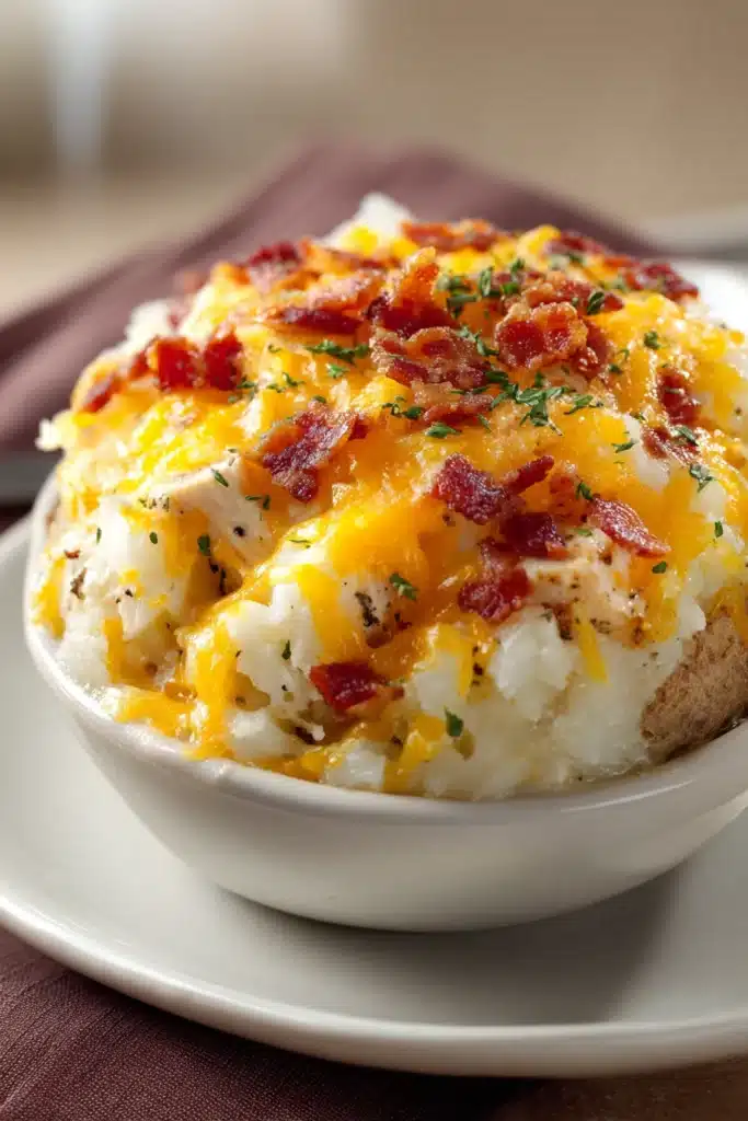 Close-up of a twice baked chicken potato casserole with golden cheese and herbs