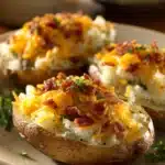 Twice-Baked Loaded Breakfast Potatoes with cheese and herbs on a white plate