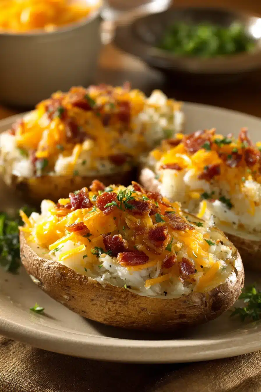 Twice-Baked Loaded Breakfast Potatoes with cheese and herbs on a white plate