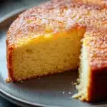 Close-up of a moist vanilla cake slice with a light, fluffy texture and minimal background.
