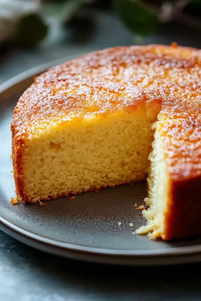 Close-up of a moist vanilla cake slice with a light, fluffy texture and minimal background.