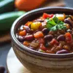 Close-up of a colorful vegan slow cooker chili with beans and vegetables in a bowl.