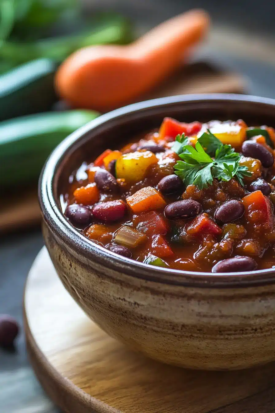 Close-up of a colorful vegan slow cooker chili with beans and vegetables in a bowl.