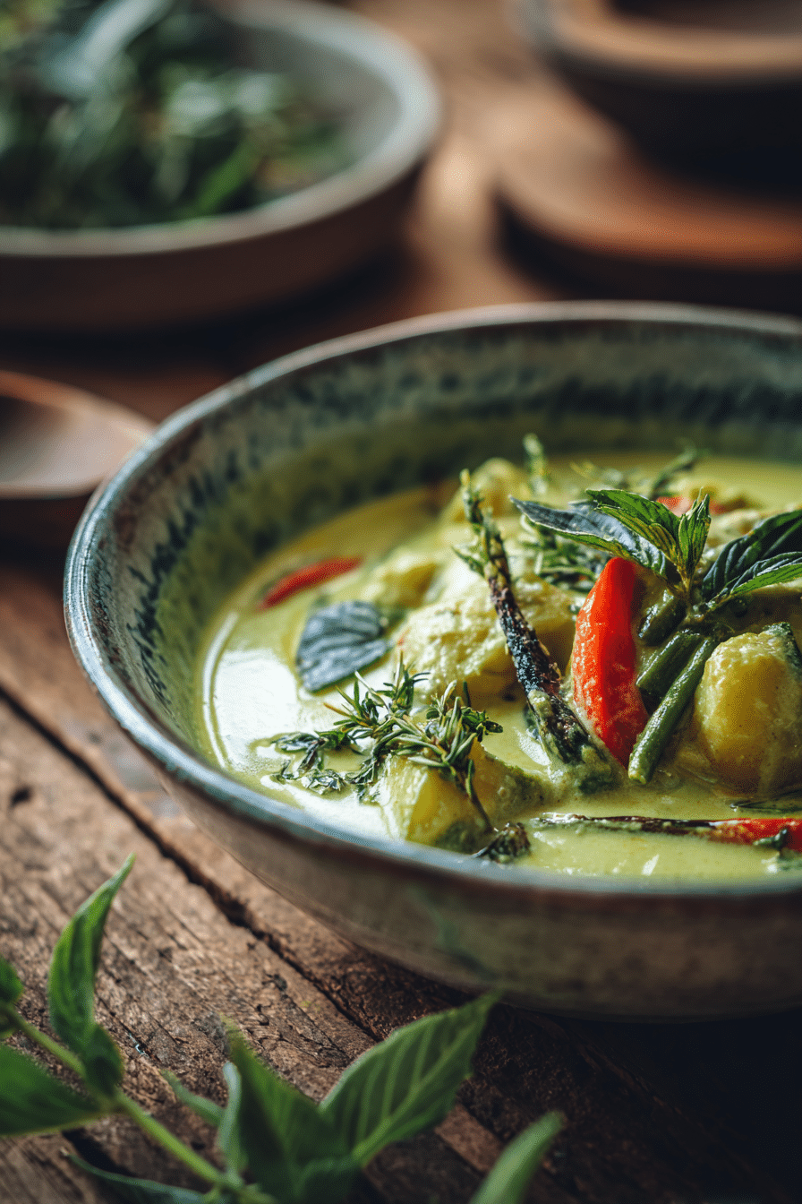 Close-up of a creamy vegetarian Thai green curry with fresh herbs and vegetables in a rustic bowl on a wooden table