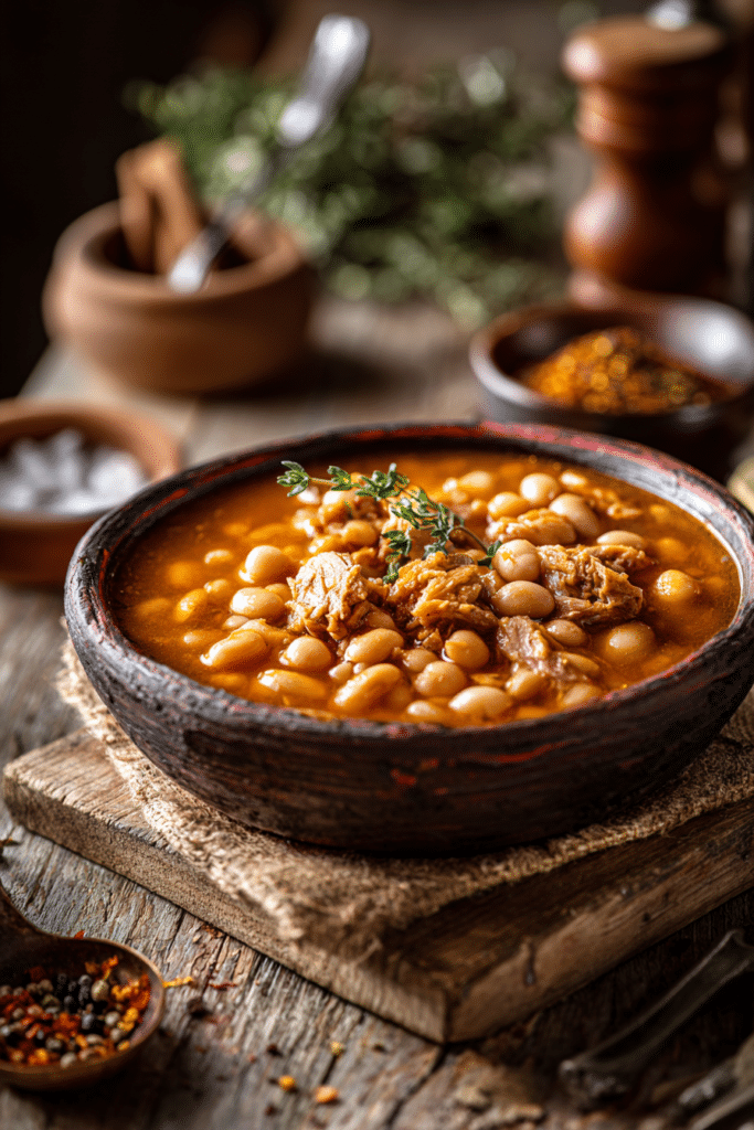 Close-up of a rustic bowl filled with creamy white bean turkey chili, showing tender turkey and beans with warm natural lighting on a wooden surface