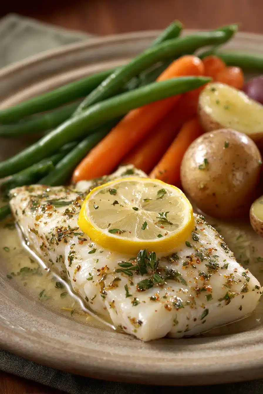 Close-up of a white fish dinner with lemon slices and herbs on a white plate.