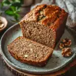 Close-up of zucchini bread with banana, showcasing moist texture and golden crust.
