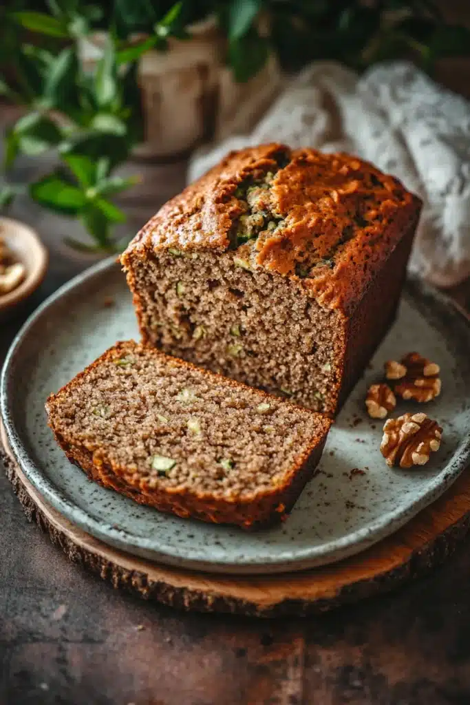 Close-up of zucchini bread with banana, showcasing moist texture and golden crust.