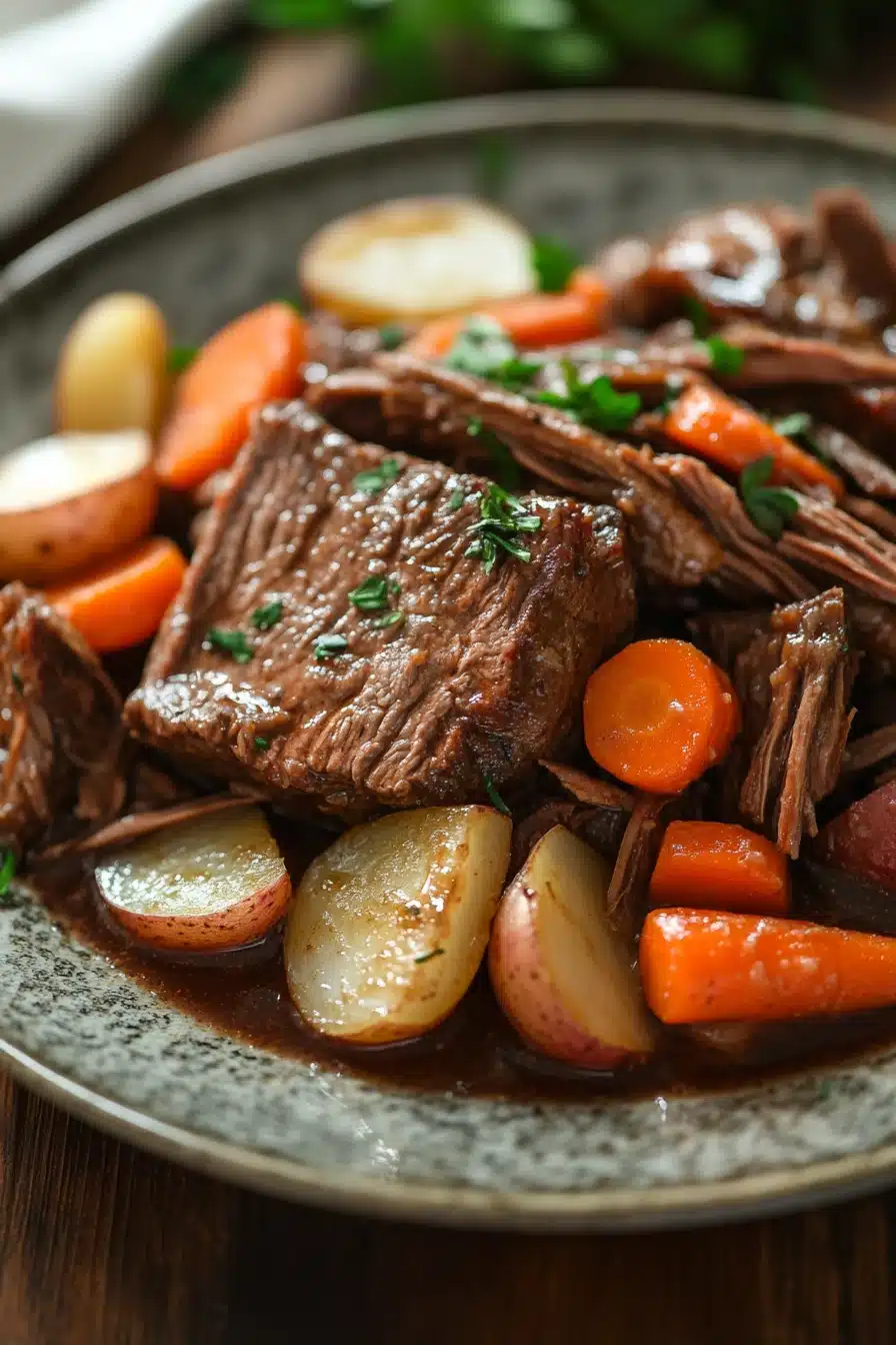 Close-up of a slow-cooked pot roast with vegetables in a slow cooker.