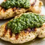 Close-up of air fryer chicken breast with pesto sauce on a white plate.