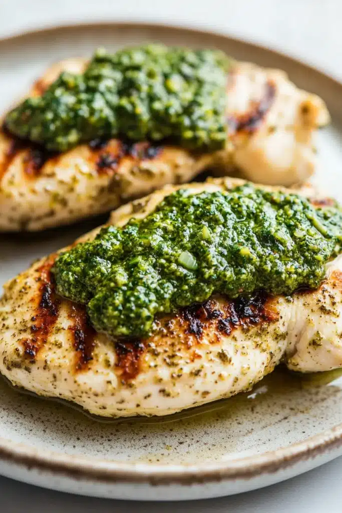 Close-up of air fryer chicken breast with pesto sauce on a white plate.