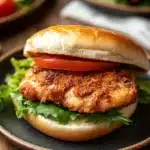 Close-up of an air fryer chicken thigh sandwich with fresh greens and a toasted bun.