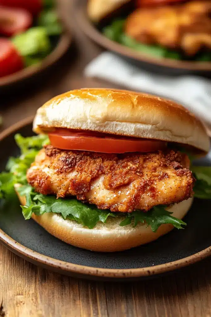 Close-up of an air fryer chicken thigh sandwich with fresh greens and a toasted bun.