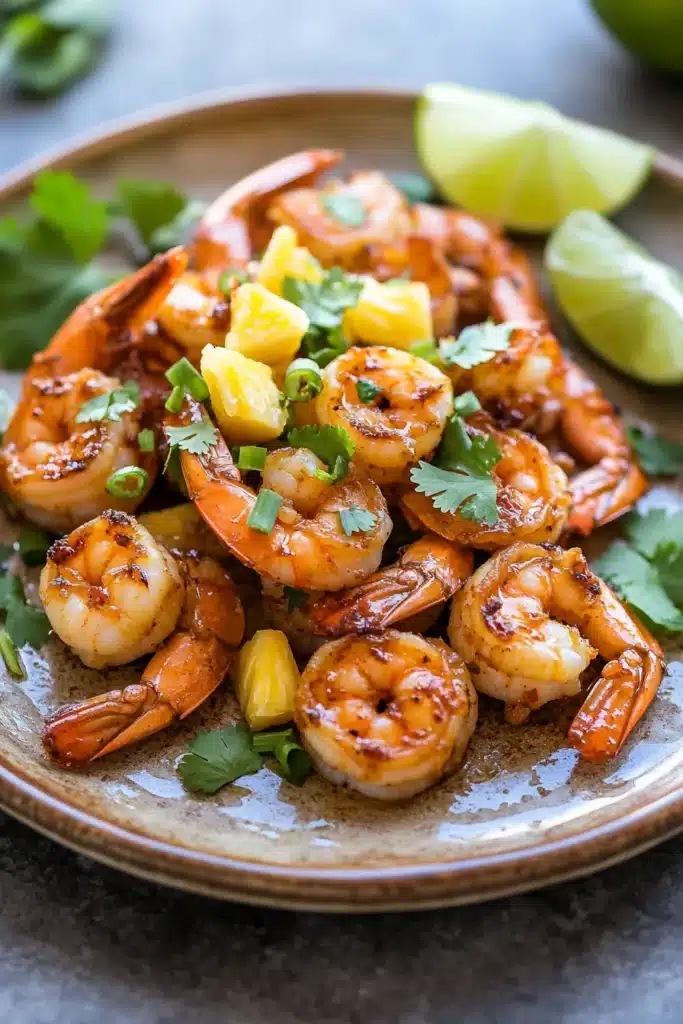Close-up of air fryer Hawaiian shrimp with bright, appetizing presentation