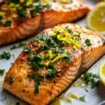 Close-up of air fryer lemon butter salmon with herbs on a white plate.