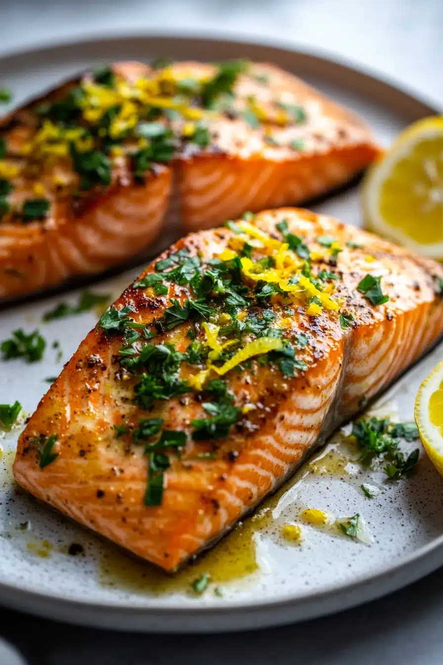 Close-up of air fryer lemon butter salmon with herbs on a white plate.