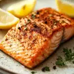 Close-up of air fryer salmon filet with a golden crust and minimal background