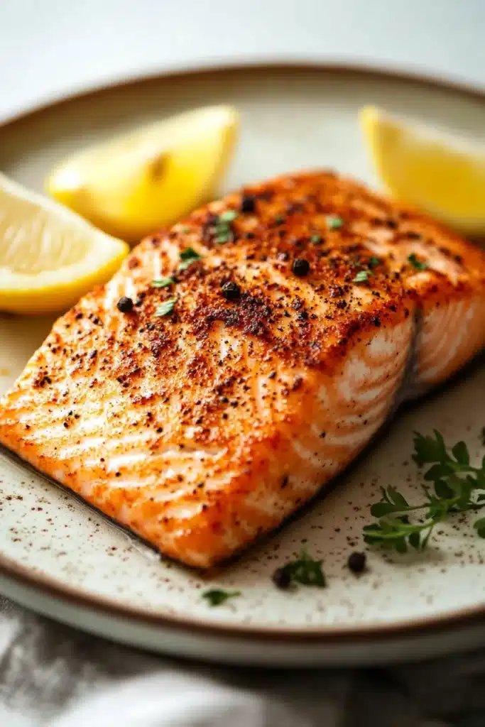 Close-up of air fryer salmon filet with a golden crust and minimal background