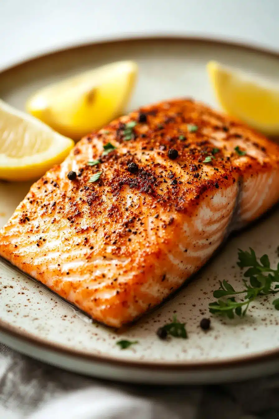 Close-up of air fryer salmon filet with a golden crust and minimal background