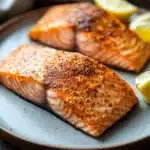 Close-up of air fryer salmon fillet skin on with bright natural lighting