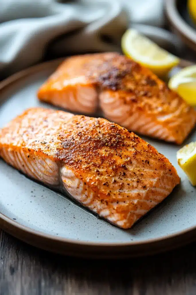 Close-up of air fryer salmon fillet skin on with bright natural lighting