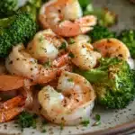 Close-up of air fryer shrimp and broccoli with bright lighting and minimal background
