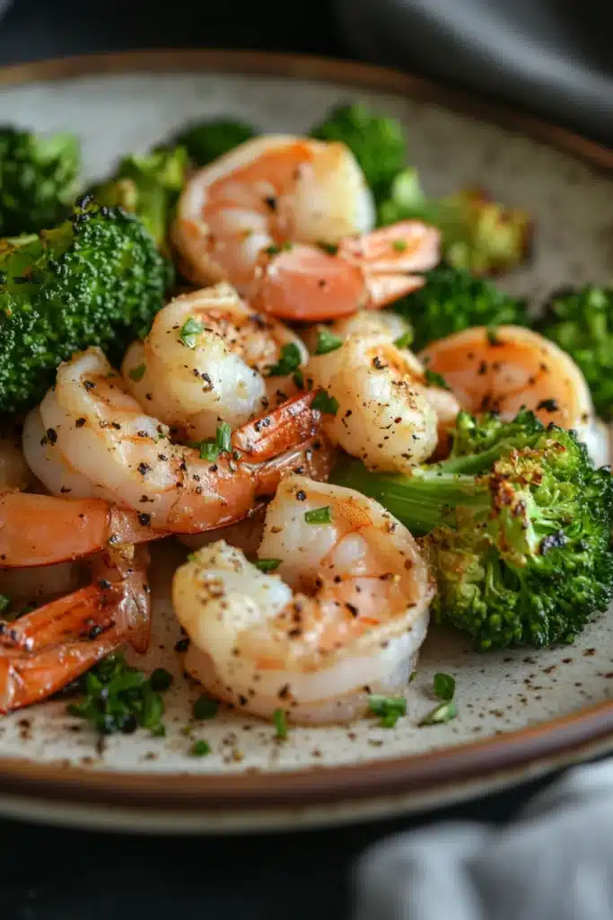 Close-up of air fryer shrimp and broccoli with bright lighting and minimal background