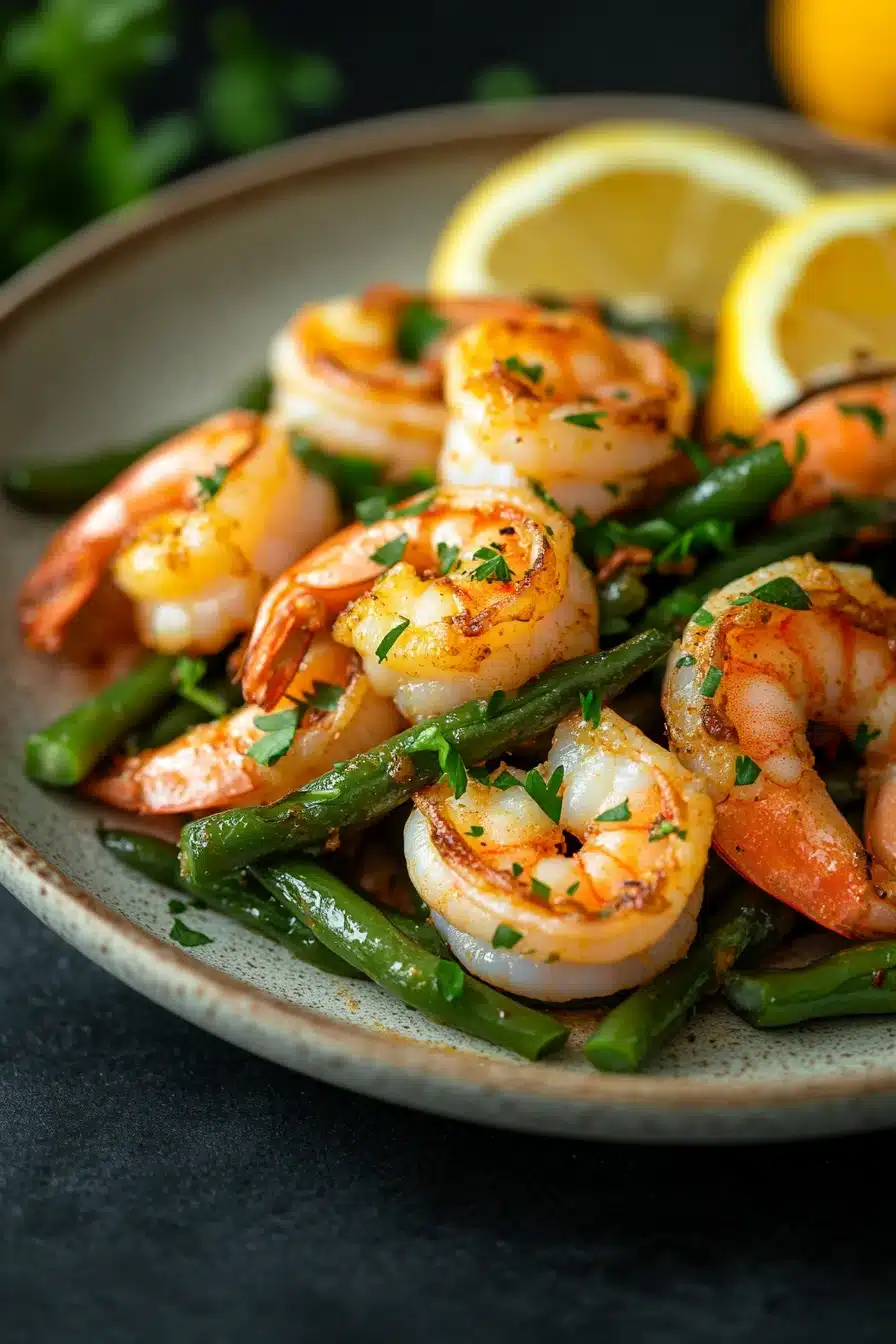 Close-up of air fryer shrimp and green beans with bright natural lighting.