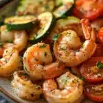 Close-up of air fryer shrimp dinner with bright, natural lighting and clean background.