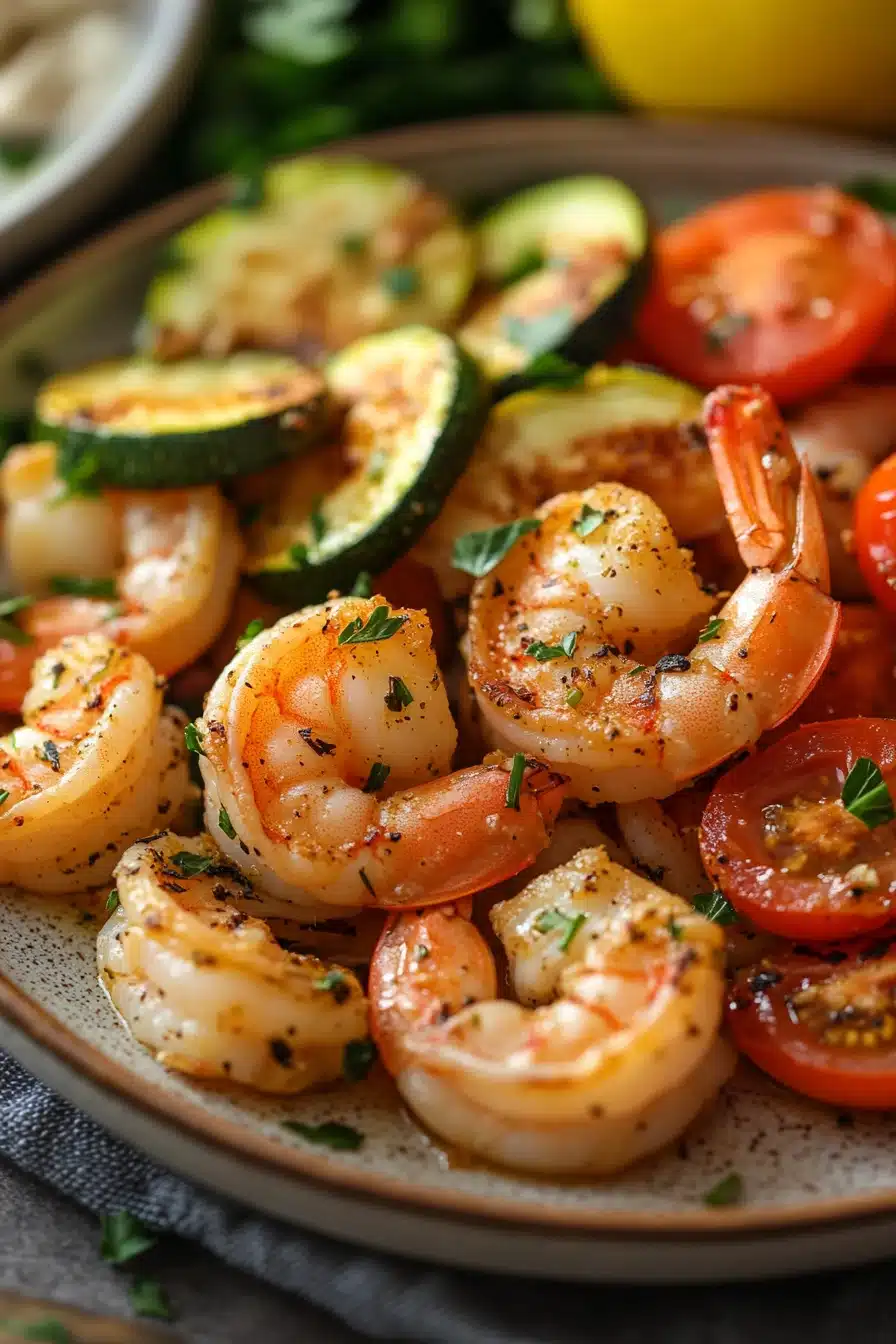 Close-up of air fryer shrimp dinner with bright, natural lighting and clean background.