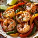 Close-up of air fryer shrimp fajitas with colorful peppers and onions on a plate