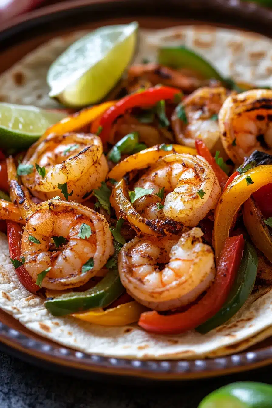 Close-up of air fryer shrimp fajitas with colorful peppers and onions on a plate