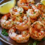 Close-up of air fryer shrimp shell on with a clean background and bright lighting