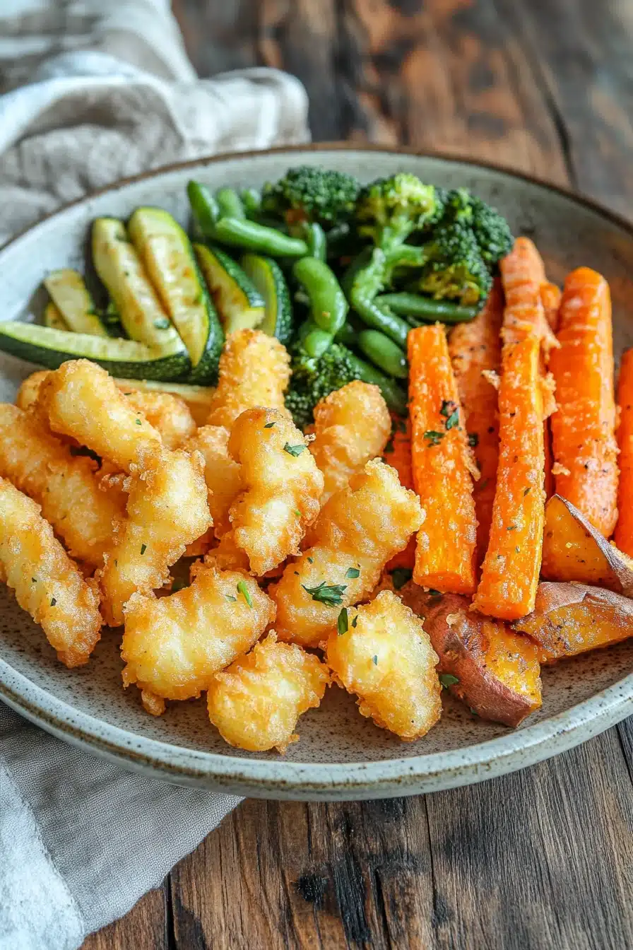 Close-up of crispy air fryer vegetable tempura with a clean background