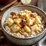 Close-up of apple cake oats with a sprinkle of cinnamon and apple slices