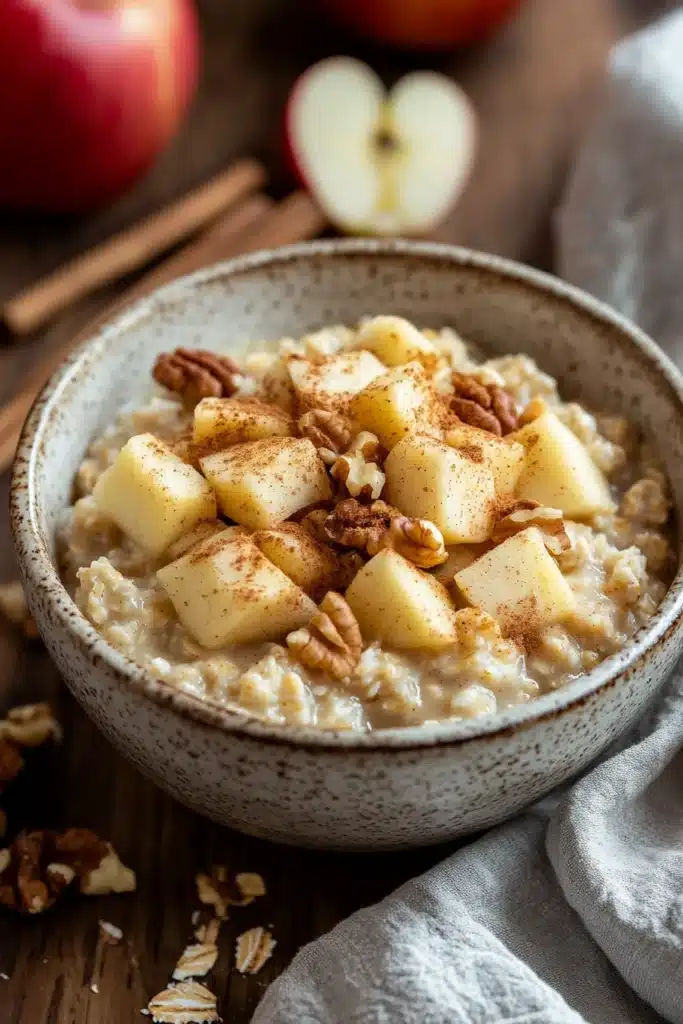 Close-up of apple cake oats with a sprinkle of cinnamon and apple slices