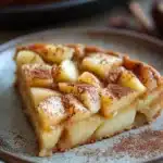 Close-up of a delicious apple cake slice with a golden crust and visible apple pieces.