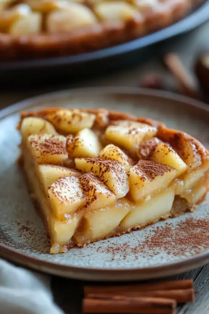 Close-up of a delicious apple cake slice with a golden crust and visible apple pieces.