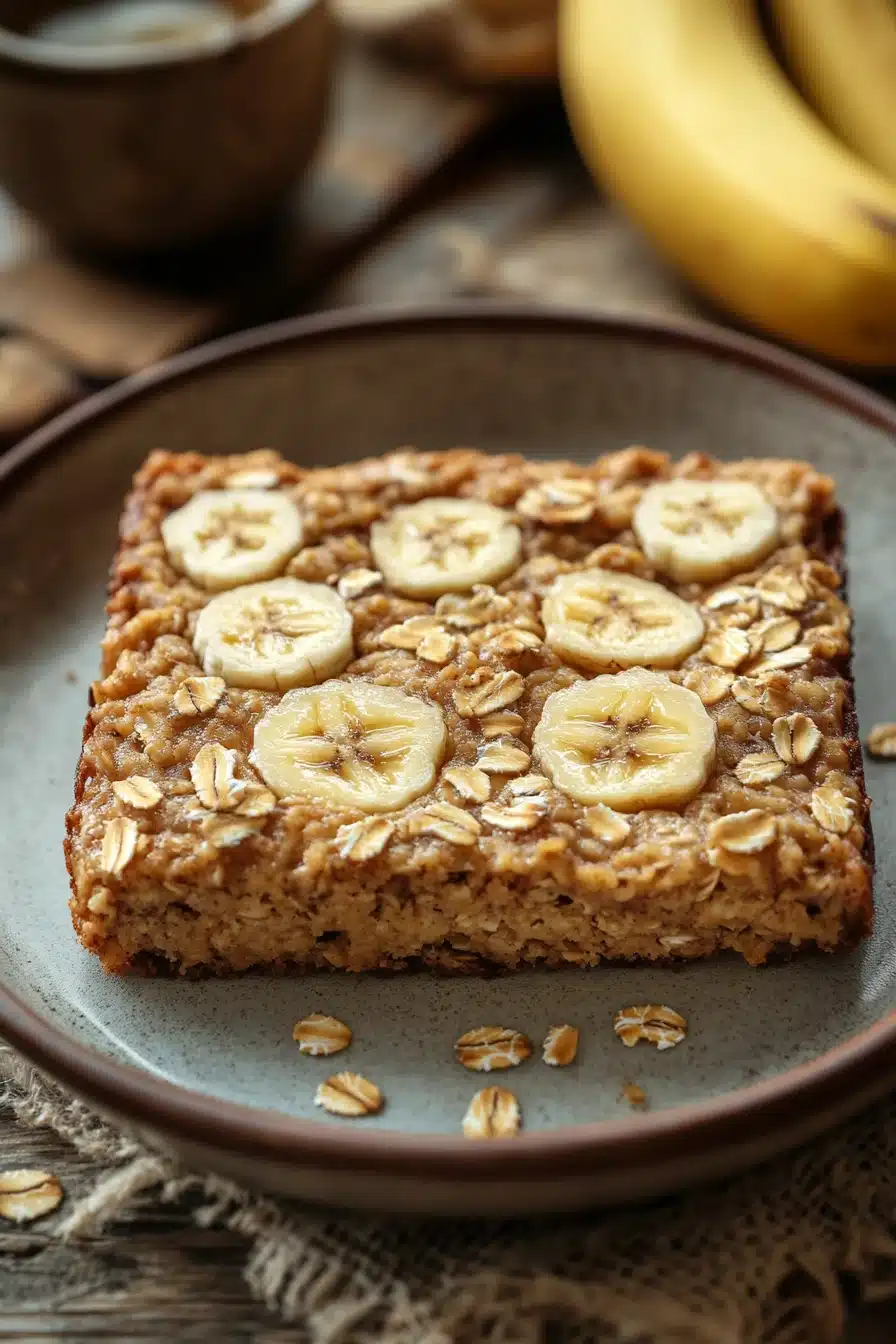 Close-up of banana bread baked oatmeal with a golden crust in a white dish