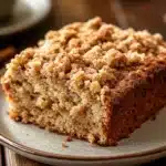 Close-up of banana bread coffee cake with a crumbly topping on a white plate.