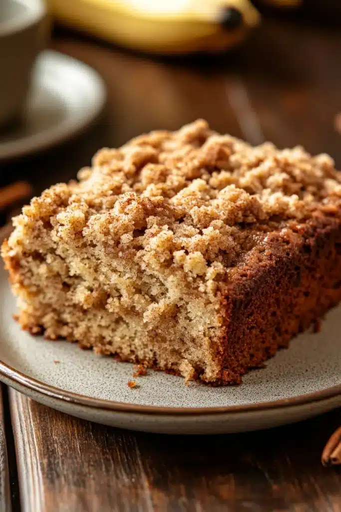Close-up of banana bread coffee cake with a crumbly topping on a white plate.