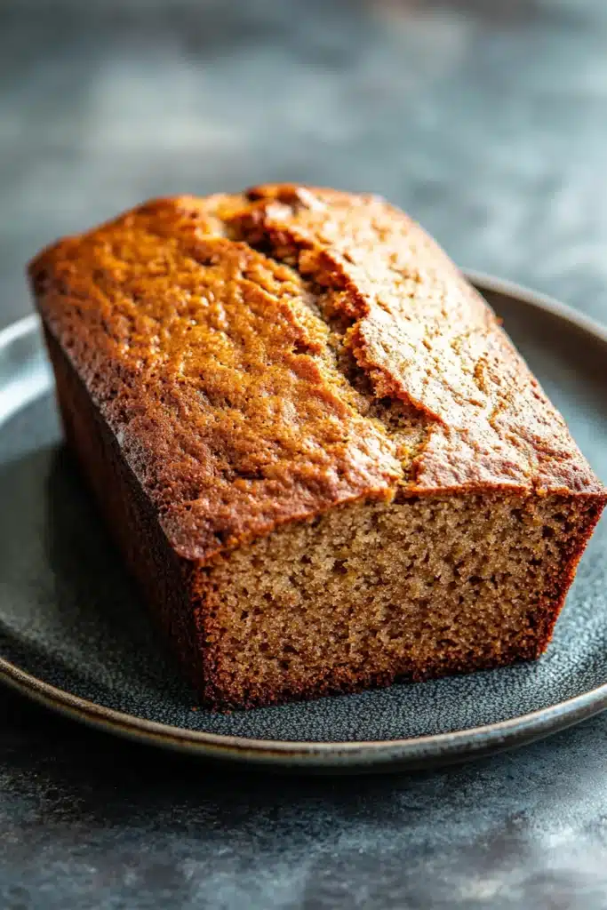 Close-up of banana bread without eggs on a wooden board with a clean background