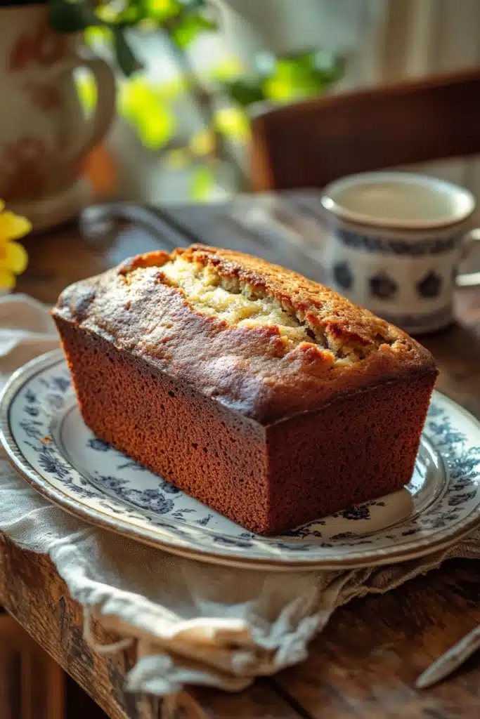 Close-up of freshly baked banana bread with a golden crust on a wooden board.
