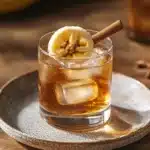 Close-up of a banana bread old fashioned cocktail with a slice of banana and ice cubes.