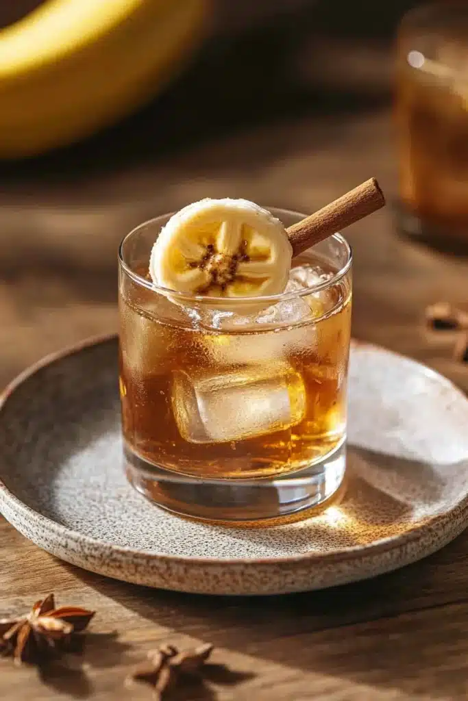 Close-up of a banana bread old fashioned cocktail with a slice of banana and ice cubes.