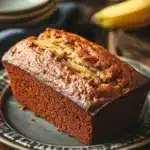 Close-up of freshly baked banana bread with a golden crust, perfect for using two bananas.