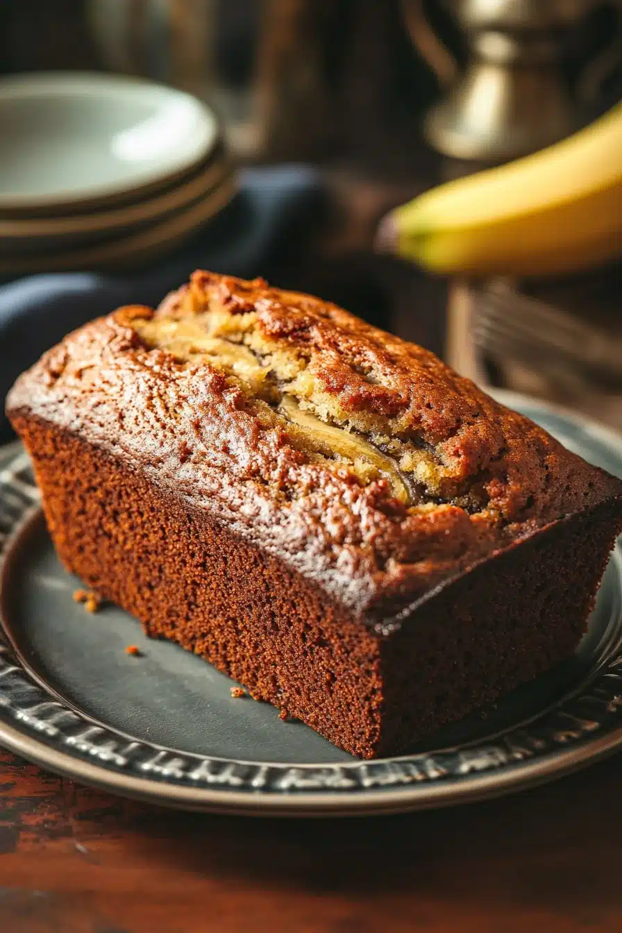Close-up of freshly baked banana bread with a golden crust, perfect for using two bananas.